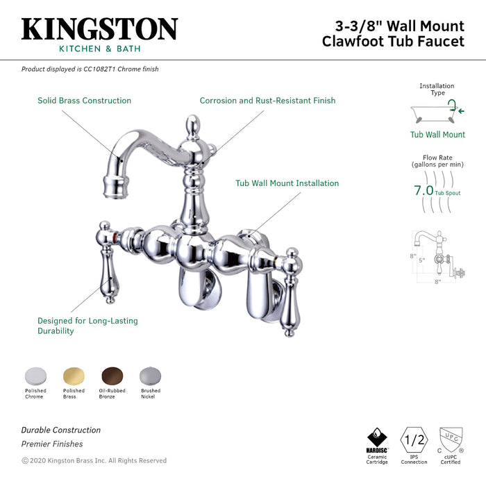 Kingston Heirloom CC1082T1 - Vintage Two-Handle 2-Hole Tub Wall Mount Clawfoot Tub Faucet, Polished Chrome