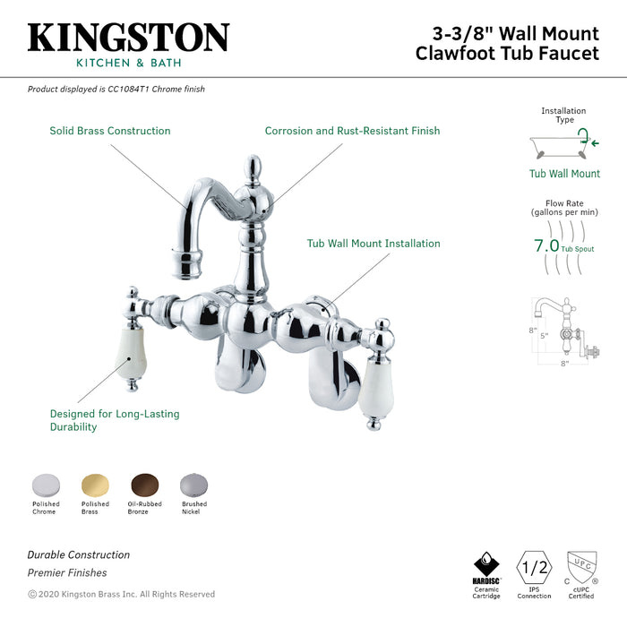 Kingston Heirloom CC1084T1 - Vintage Two-Handle 2-Hole Tub Wall Mount Clawfoot Tub Faucet, Polished Chrome