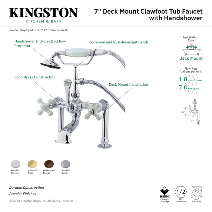 Kingston Heirloom CC111T2 - Vintage Three-Handle 2-Hole Deck-Mount Clawfoot Tub Faucet with Hand Shower, Polished Brass
