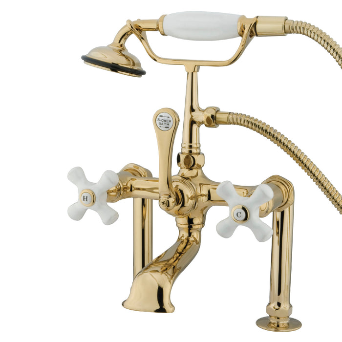 Kingston Heirloom CC111T2 - Vintage Three-Handle 2-Hole Deck-Mount Clawfoot Tub Faucet with Hand Shower, Polished Brass