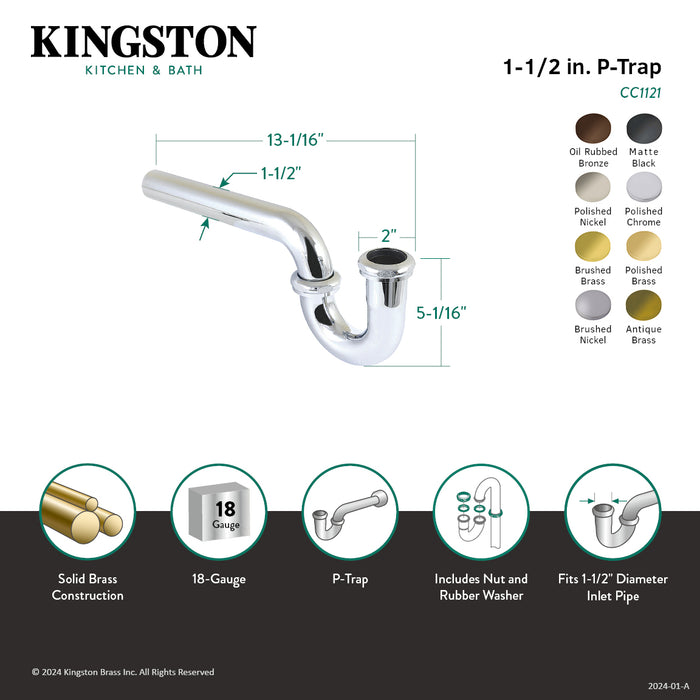 Kingston Made To Match CC1122 1-1/2 Inch Decor P-Trap without Flange, 13-1/16 Inch Length, 18 Gauge, Polished Brass
