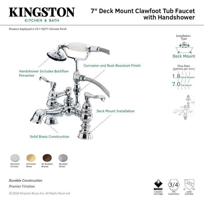 Kingston Vintage CC1152T5 Two-Handle 2-Hole Deck-Mount Clawfoot Tub Faucet with Hand Shower, Oil Rubbed Bronze
