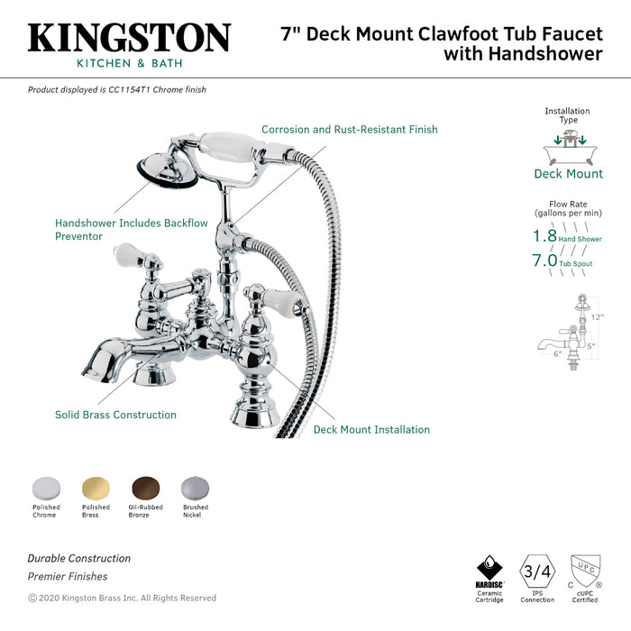 Kingston Heirloom CC1154T5 - Vintage Two-Handle 2-Hole Deck-Mount Clawfoot Tub Faucet with Hand Shower, Oil Rubbed Bronze