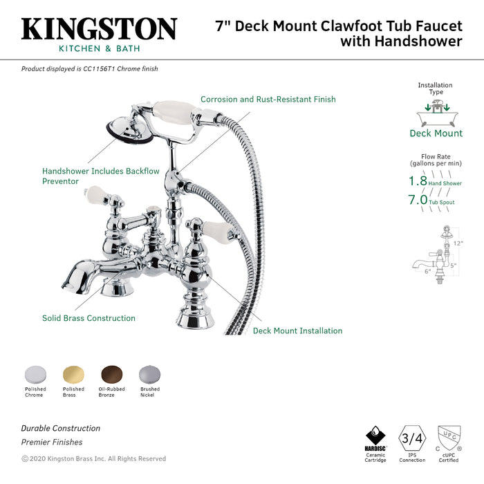 Kingston Heirloom CC1156T5 - Vintage Two-Handle 2-Hole Deck-Mount Clawfoot Tub Faucet with Hand Shower, Oil Rubbed Bronze