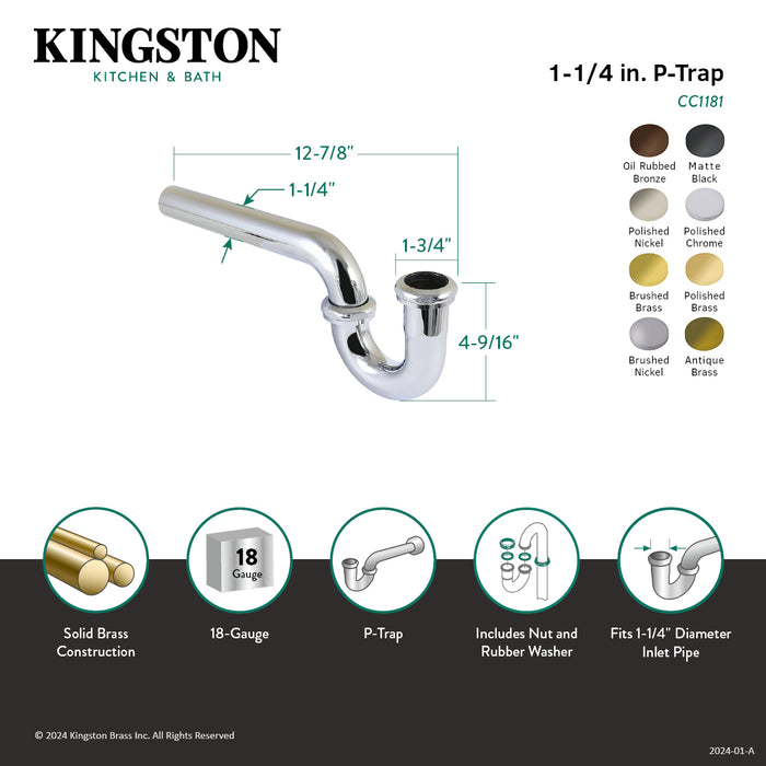 Kingston Made To Match CC1180MB 1-1/4 Inch Decor P-Trap without Flange, 12-7/8 Inch Length, 18 Gauge, Matte Black