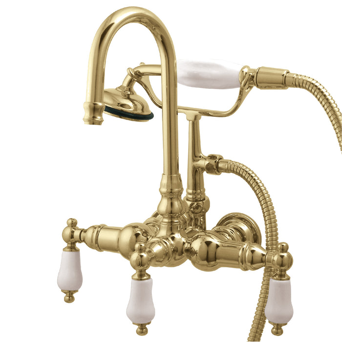 Kingston Heirloom CC11T2 - Vintage Three-Handle 2-Hole Tub Wall Mount Clawfoot Tub Faucet with Hand Shower, Polished Brass