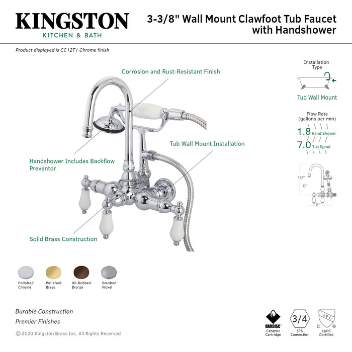 Kingston Heirloom CC11T8 - Vintage Three-Handle 2-Hole Tub Wall Mount Clawfoot Tub Faucet with Hand Shower, Brushed Nickel