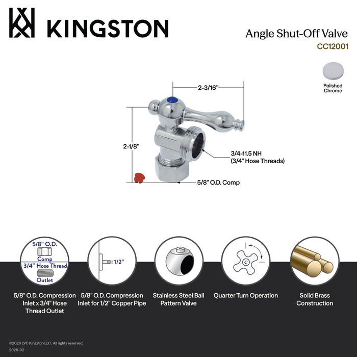 Kingston Vintage CC12001 5/8-Inch O.D. Comp x 3/4-Inch Hose Thread Quarter-Turn Angle Shut-Off Valve, Polished Chrome