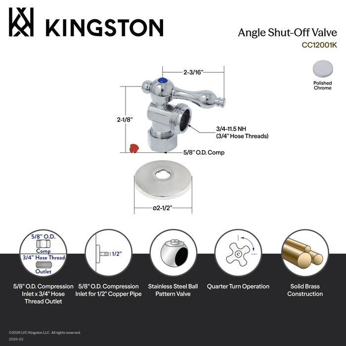 Kingston CC12001K 5/8-Inch O.D. Comp x 3/4-Inch Hose Thread Quarter-Turn Angle Shut-Off Valve with Flange, Polished Chrome