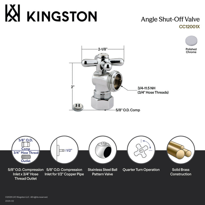 Kingston Vintage CC12001X 5/8-Inch O.D. Comp x 3/4-Inch Hose Thread Quarter-Turn Angle Shut-Off Valve, Polished Chrome