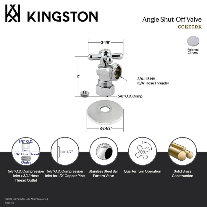 Kingston CC12001XK 5/8-Inch O.D. Comp x 3/4-Inch Hose Thread Quarter-Turn Angle Shut-Off Valve with Flange, Polished Chrome
