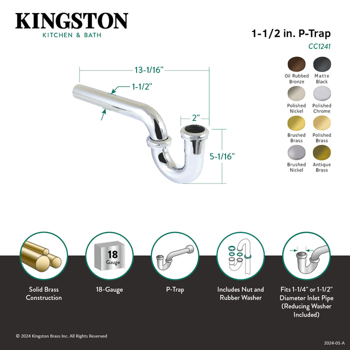 Kingston Made To Match CC1242 1-1/4 (or 1-1/2) x 1-1/2 Inch Decor P-Trap without Flange, 13-1/16 Inch Length, 18 Gauge, Polished Brass