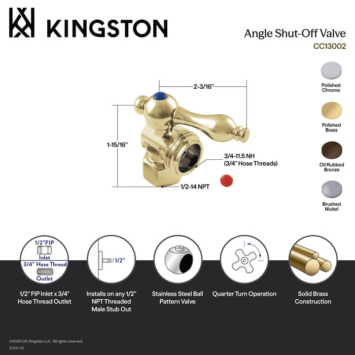 Kingston Heirloom CC13001 - Vintage 1/2-Inch FIP x 3/4-Inch Hose Thread Quarter-Turn Angle Shut-Off Valve, for Washing Machine, Polished Chrome