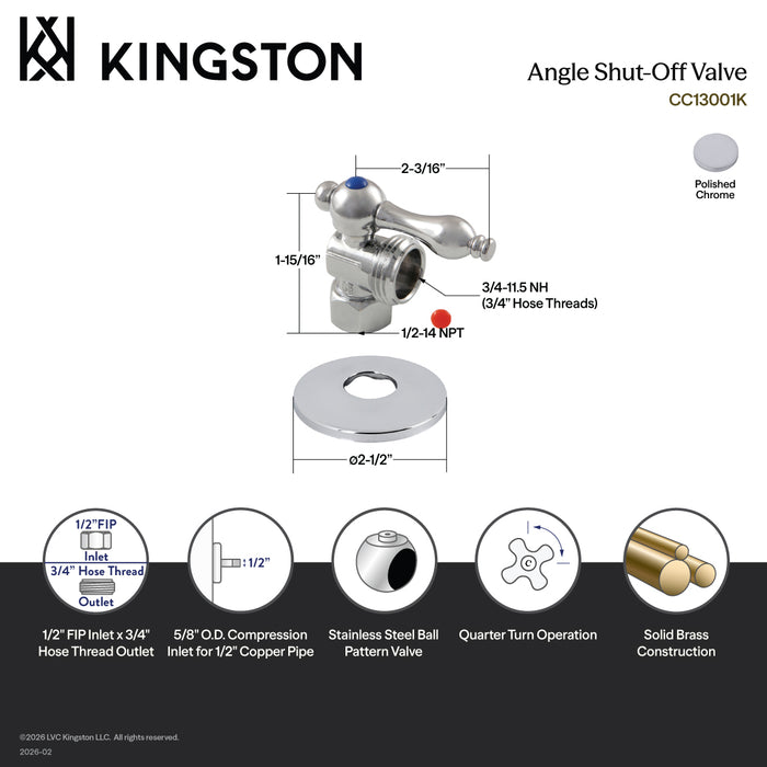 Kingston CC13001K 1/2-Inch FIP x 3/4-Inch Hose Thread Quarter-Turn Angle Shut-Off Valve with Flange, Polished Chrome