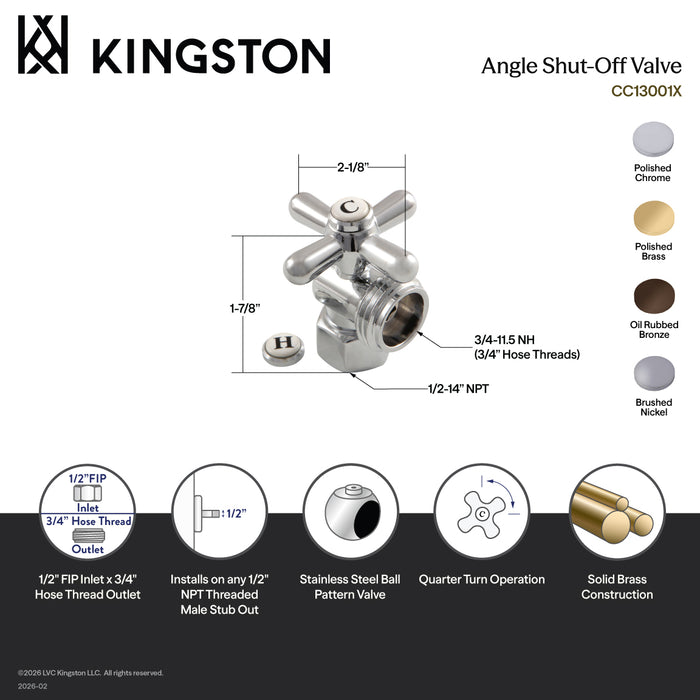 Kingston Heirloom CC13001X - Vintage 1/2-Inch FIP x 3/4-Inch Hose Thread Quarter-Turn Angle Shut-Off Valve, for Washing Machine, Polished Chrome