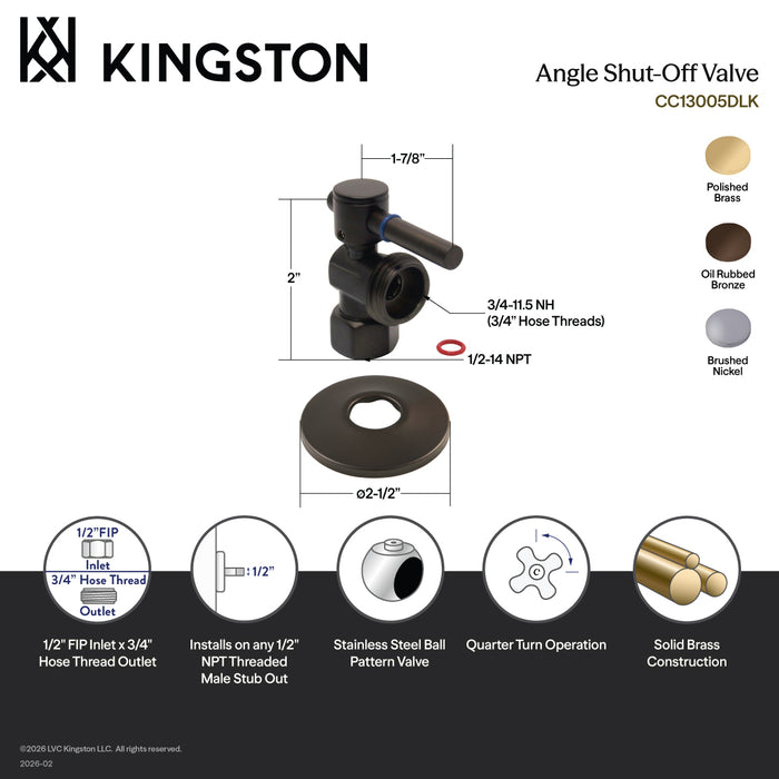 Kingston Sona CC13002DLK 1/2-Inch FIP x 3/4-Inch Hose Thread Quarter-Turn Angle Shut-Off Valve with Flange, Polished Brass