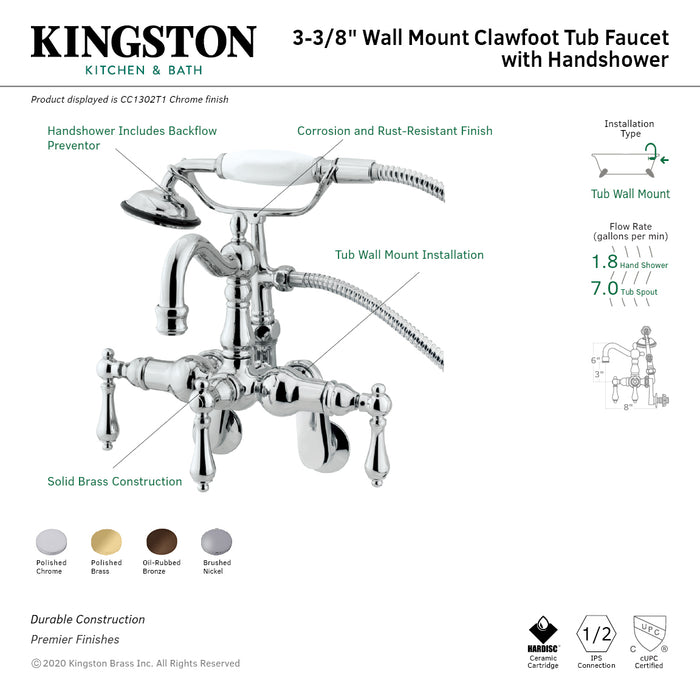 Kingston Heirloom CC1302T1 - Vintage Three-Handle 2-Hole Tub Wall Mount Clawfoot Tub Faucet with Hand Shower, Polished Chrome