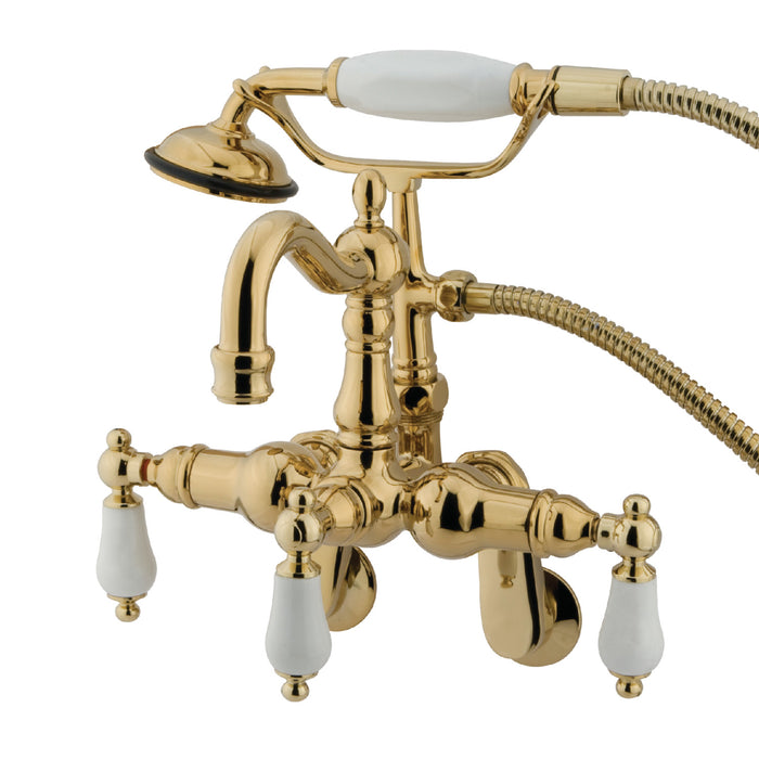 Kingston Heirloom CC1305T2 - Vintage Three-Handle 2-Hole Tub Wall Mount Clawfoot Tub Faucet with Hand Shower, Polished Brass