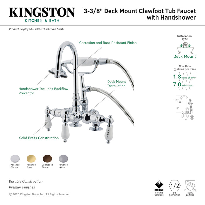 Kingston Heirloom CC18T1 - Vintage Three-Handle 2-Hole Deck-Mount Clawfoot Tub Faucet with Hand Shower, Polished Chrome