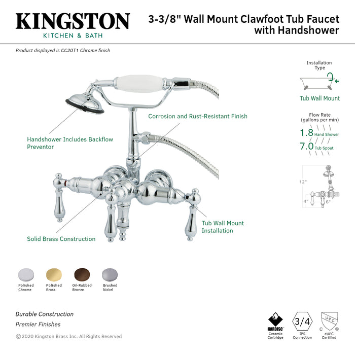 Kingston Heirloom CC19T2 - Vintage Three-Handle 2-Hole Tub Wall Mount Clawfoot Tub Faucet with Hand Shower, Polished Brass