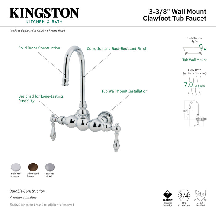 Kingston Heirloom CC1T8 - Vintage Two-Handle 2-Hole Tub Wall Mount Clawfoot Tub Faucet, Brushed Nickel