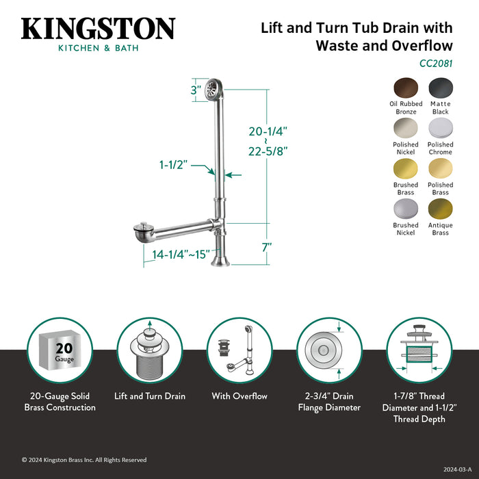Kingston Heirloom CC2088 - Vintage Brass Lift and Turn Tub Waste and Overflow, Brushed Nickel