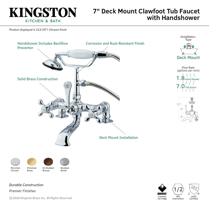 Kingston Heirloom CC209T2 - Vintage Three-Handle 2-Hole Deck-Mount Clawfoot Tub Faucet with Hand Shower, Polished Brass