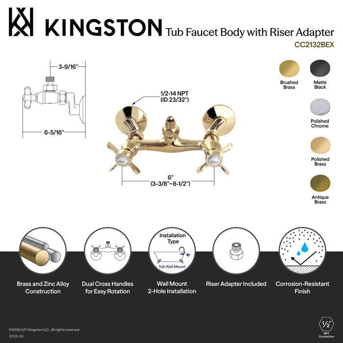 Kingston Heirloom CC2130BEX - Essex Wall-Mount Tub Filler Faucet with Riser Adapter, Matte Black