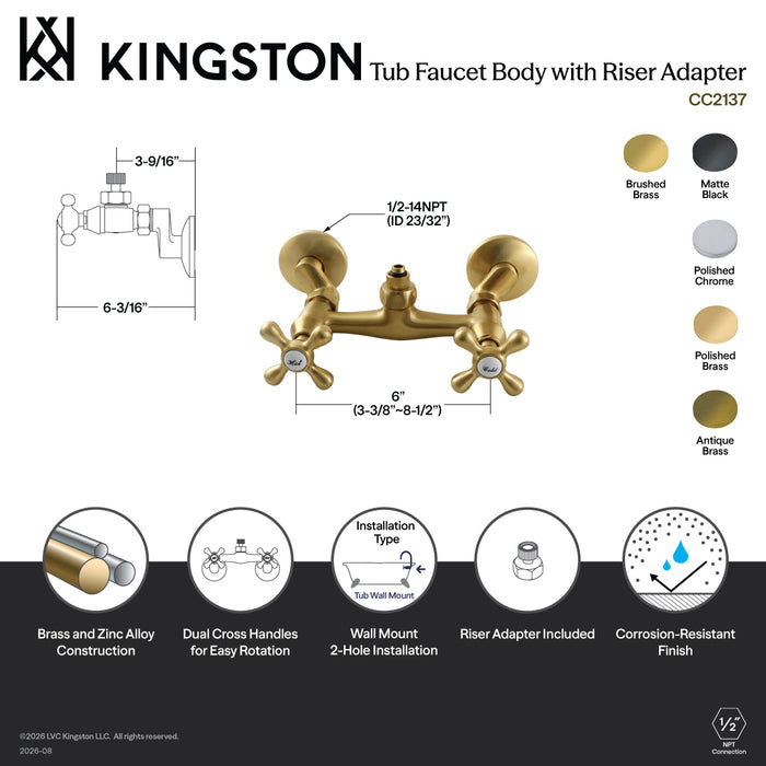 Kingston Heirloom CC2131 - Vintage Wall-Mount Tub Filler Faucet with Riser Adapter, Polished Chrome