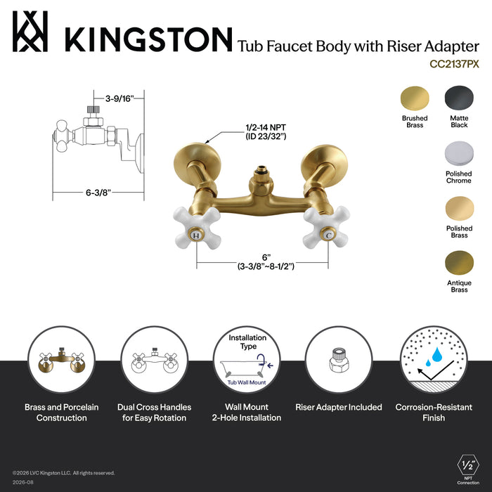 Kingston Heirloom CC2133PX - Vintage Wall-Mount Tub Filler Faucet with Riser Adapter, Antique Brass