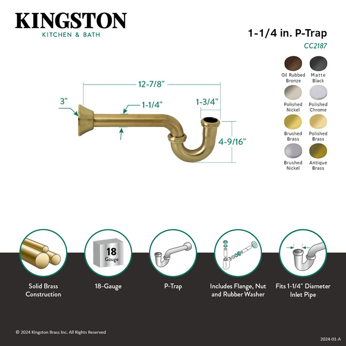 Kingston Vintage CC2188 1-1/4 Inch Decor P-Trap, 18 Gauge, Brushed Nickel