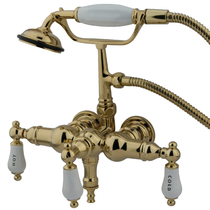 Kingston Heirloom CC21T2 - Vintage Three-Handle 2-Hole Tub Wall Mount Clawfoot Tub Faucet with Hand Shower, Polished Brass