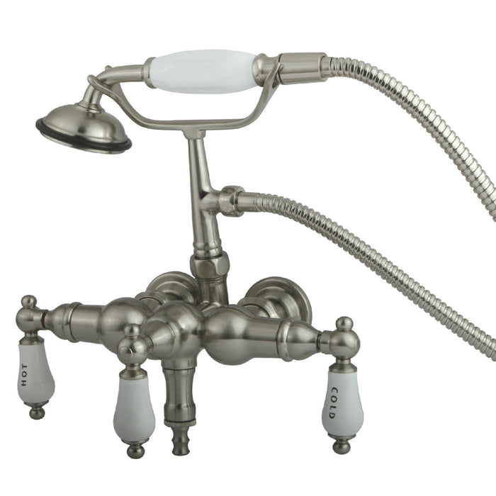 Kingston Heirloom CC21T8 - Vintage Three-Handle 2-Hole Tub Wall Mount Clawfoot Tub Faucet with Hand Shower, Brushed Nickel