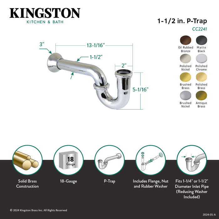 Kingston Vintage CC2242 1-1/4 (or 1-1/2) x 1-1/2 Inch Decor P-Trap with Bell Flange, 13-1/16 Inch Length, 18 Gauge, Polished Brass