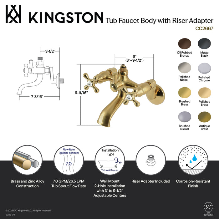 Kingston Heirloom CC2662 - Vintage Wall-Mount Tub Faucet with Riser Adaptor, Polished Brass