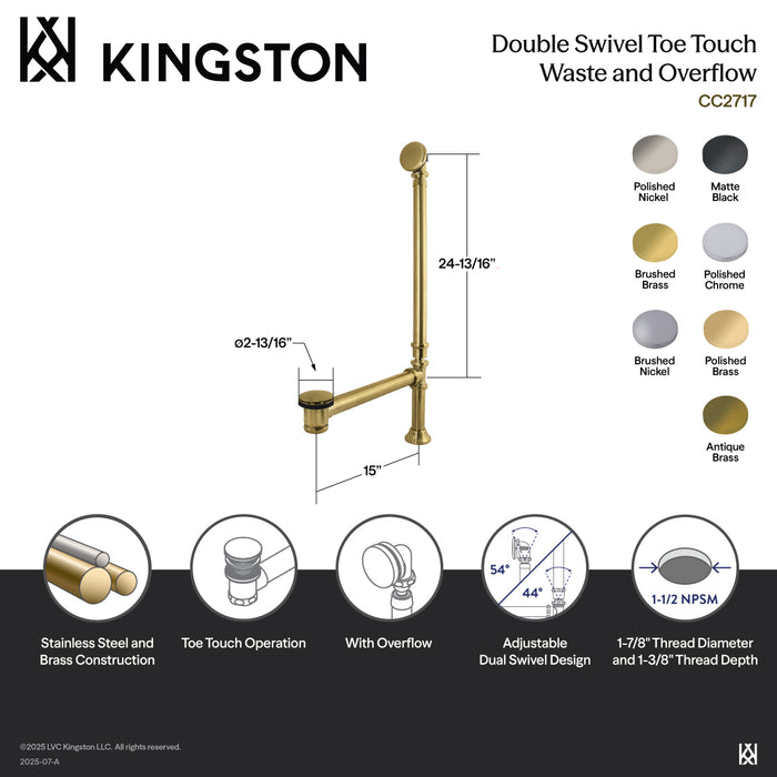 Kingston Sona CC2712 - Vintage Swivel Ball Toe Touch Tub Waste and Overflow, Polished Brass