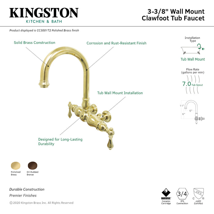 Kingston Vintage CC3001T5 Two-Handle 2-Hole Tub Wall Mount Clawfoot Tub Faucet, Oil Rubbed Bronze