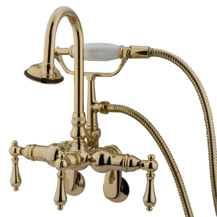 Kingston Heirloom CC301T2 - Vintage Three-Handle 2-Hole Tub Wall Mount Clawfoot Tub Faucet with Hand Shower, Polished Brass