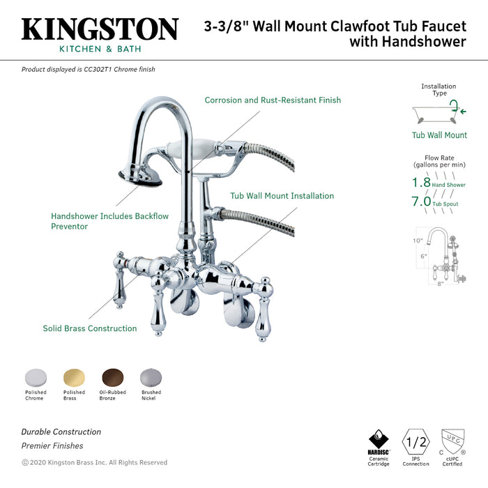 Kingston Heirloom CC301T8 - Vintage Three-Handle 2-Hole Tub Wall Mount Clawfoot Tub Faucet with Hand Shower, Brushed Nickel