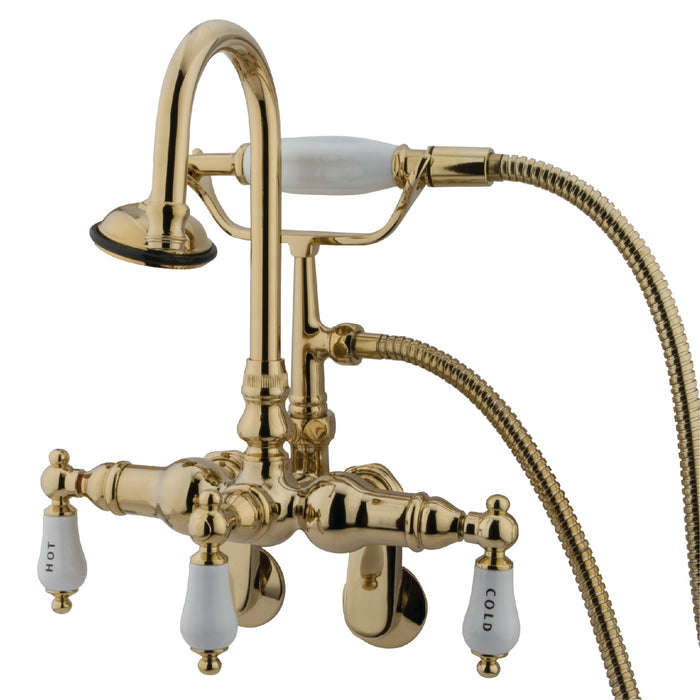 Kingston Heirloom CC303T2 - Vintage Three-Handle 2-Hole Tub Wall Mount Clawfoot Tub Faucet with Hand Shower, Polished Brass