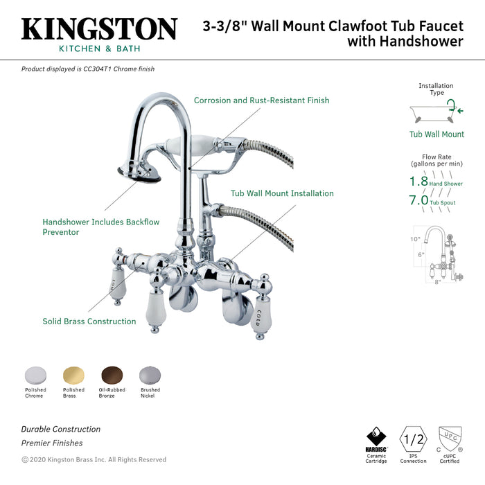 Kingston Heirloom CC303T8 - Vintage Three-Handle 2-Hole Tub Wall Mount Clawfoot Tub Faucet with Hand Shower, Brushed Nickel
