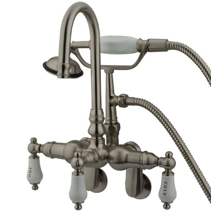 Kingston Heirloom CC303T8 - Vintage Three-Handle 2-Hole Tub Wall Mount Clawfoot Tub Faucet with Hand Shower, Brushed Nickel
