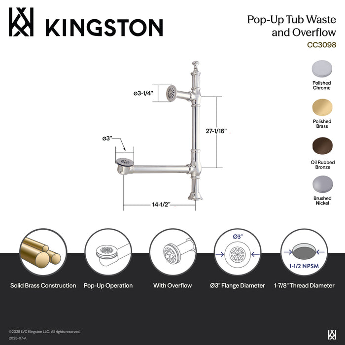 Kingston Heirloom CC3098 - Vintage Brass Pop-Up Tub Waste and Overflow, Brushed Nickel