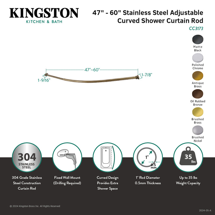 Kingston Edenscape CC3171 47-Inch to 60-Inch Adjustable Curved Shower Curtain Rod, Polished Chrome