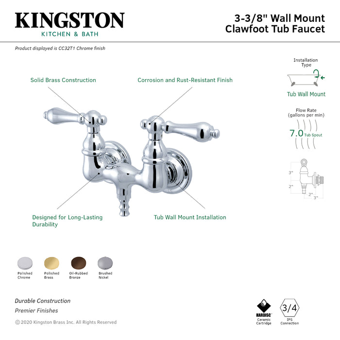 Kingston Heirloom CC31T2 - Vintage Two-Handle 2-Hole Tub Wall Mount Tub Faucet, Polished Brass