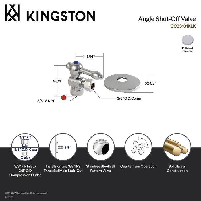 Kingston Tulare CC33101KLK3/8-Inch FIP x 3/8-Inch O.D. Comp Quarter-Turn Angle Shut-Off Valve with Flange, Polished Chrome