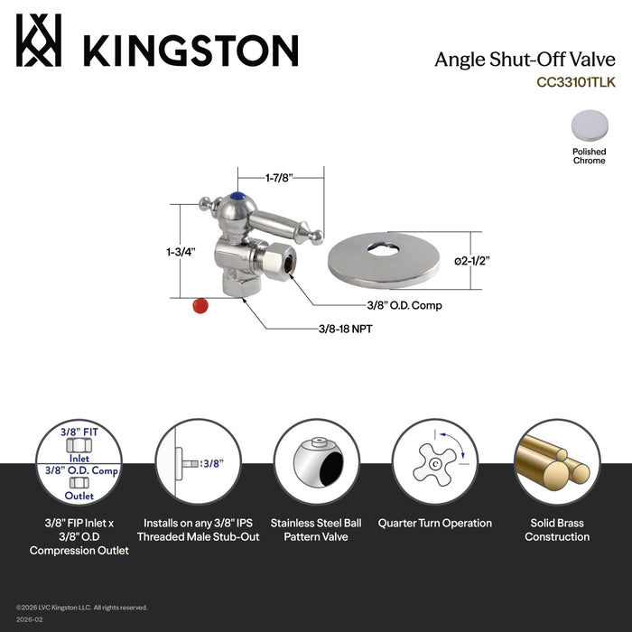 Kingston Tulare CC33101TLK 3/8-Inch FIP x 3/8-Inch O.D. Comp Quarter-Turn Angle Shut-Off Valve with Flange, Polished Chrome