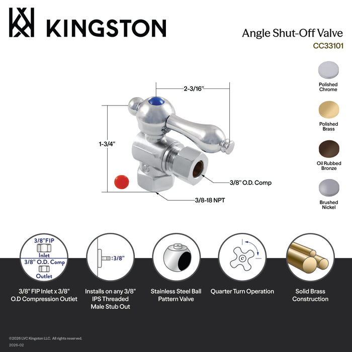 Kingston Heirloom CC33102 - Vintage 3/8-Inch FIP x 3/8-Inch O.D. Comp Quarter-Turn Angle Shut-Off Valve, Polished Brass