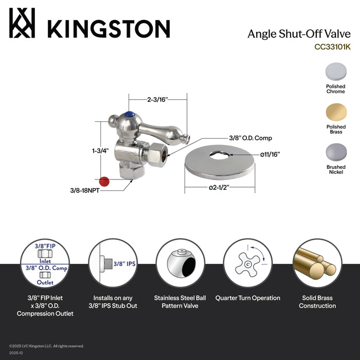 Kingston Heirloom CC33102K 3/8-Inch FIP x 3/8-Inch O.D. Comp Quarter-Turn Angle Shut-Off Valve with Flange, Polished Brass