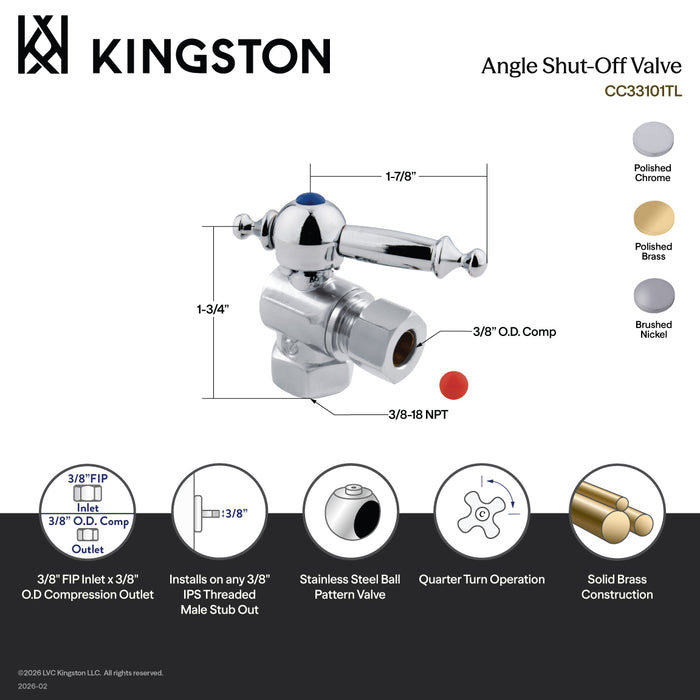 Kingston Tulare CC33102TL - Vintage 3/8-Inch FIP x 3/8-Inch O.D. Comp Quarter-Turn Angle Shut-Off Valve, Polished Brass